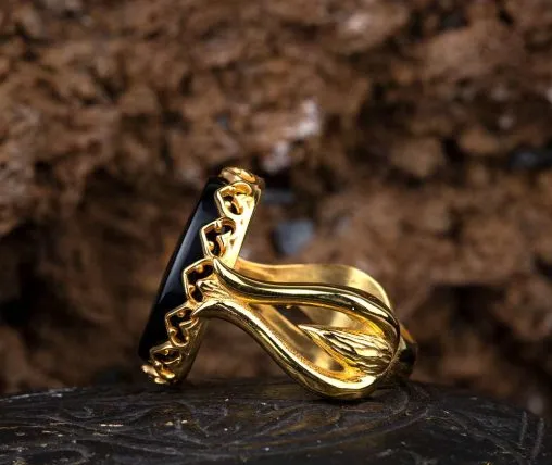 Black Aqeeq Hand Made Women Ring (Gold Plated)