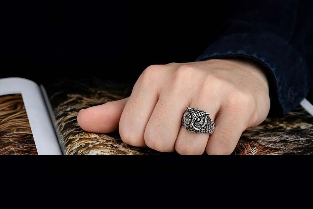 Oxidized Owl Head Silver Ring