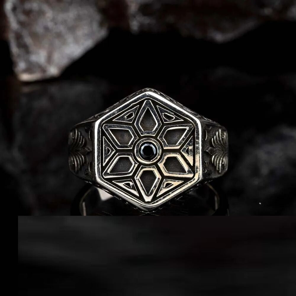 Single Black Zircon Hexagon Silver Ring