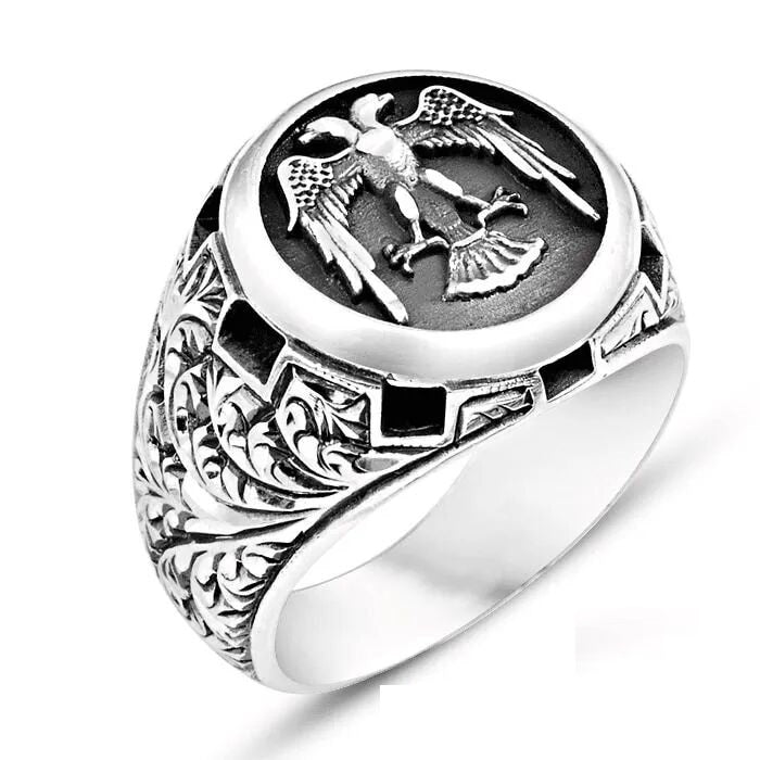 Hand Made Silver Man Ring Double Hawk