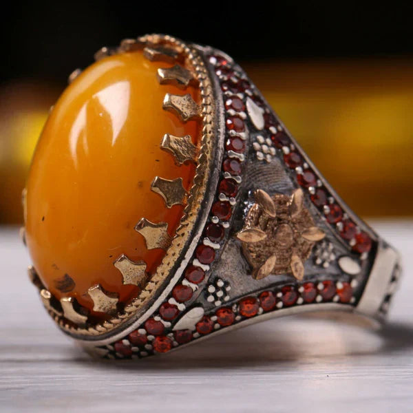 925 Sterling Silver Agate and Citrine Stone Mens Ring