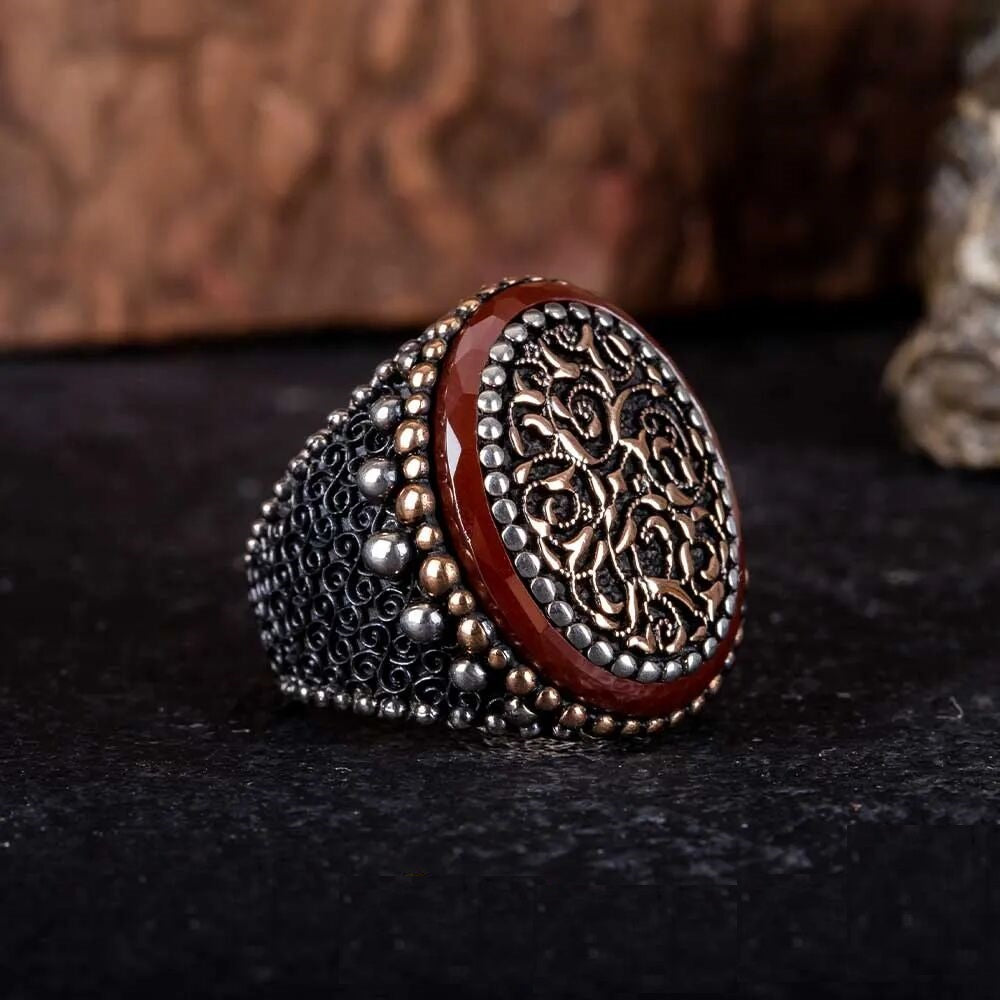 Stoneless Design Oxidized Silver Ring With Red Frame