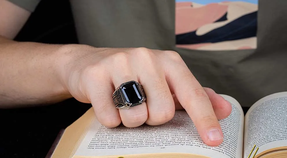 Black Zircon Octagon Cut Silver Men Ring