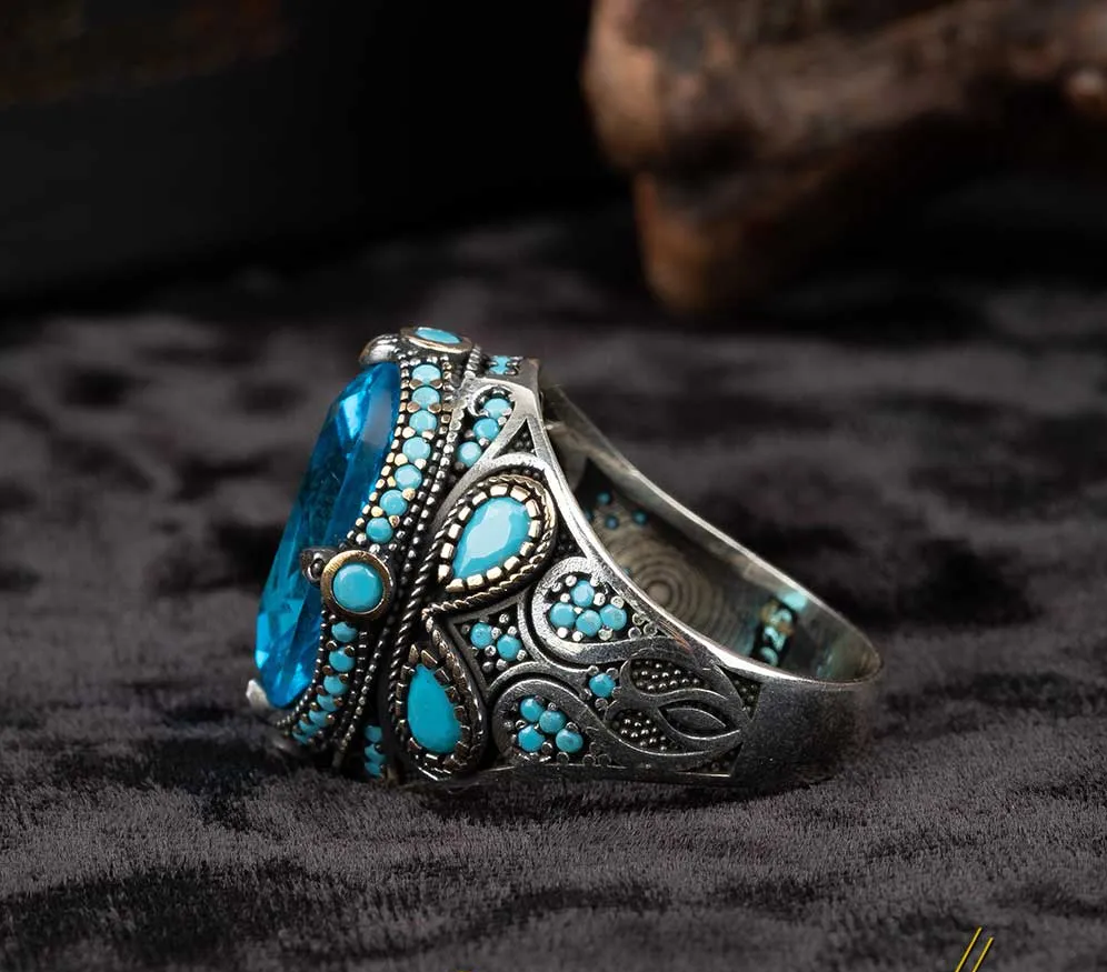 Blue Zircon Men Ring With Turquoise Stones