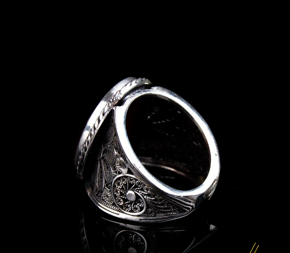 Filigree Basmala Islamic Flat Red Aqeeq Ring