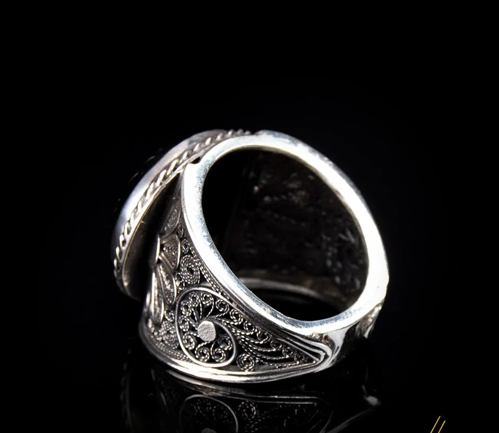 Filigree Handmade D Shape Black Aqeeq Ring with Shahada