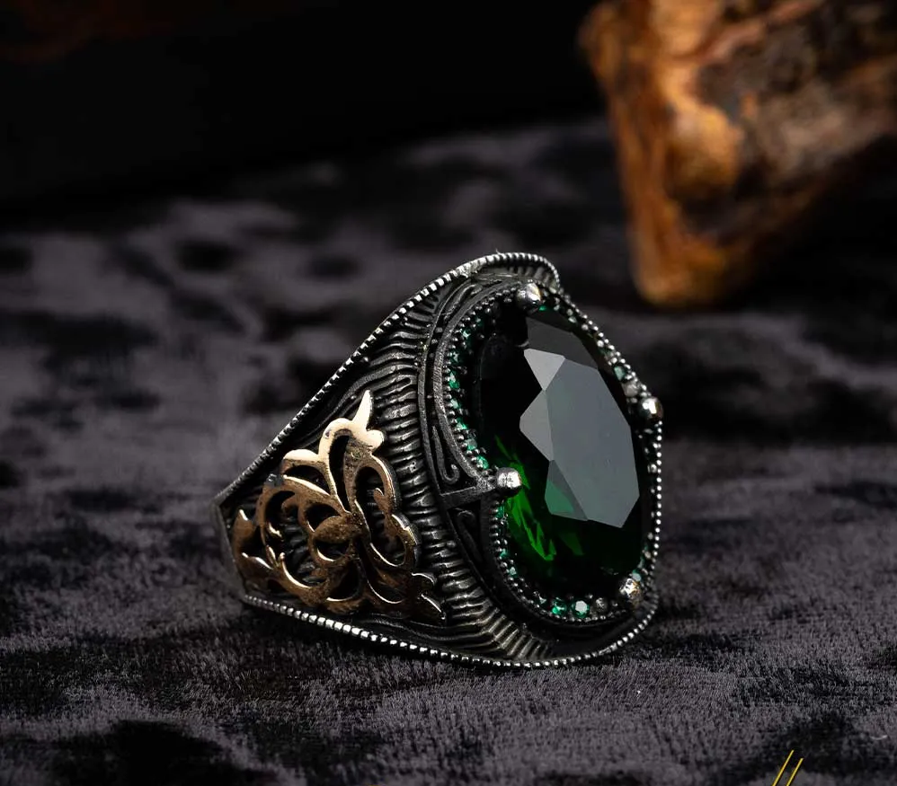 Green Zircon Men Ring With Micro Zircon Stones