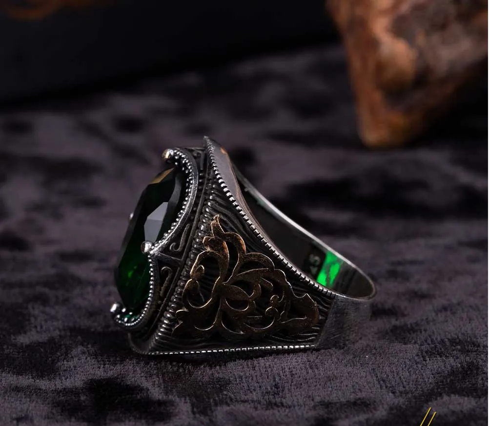 Green Zircon Men Ring With Micro Zircon Stones