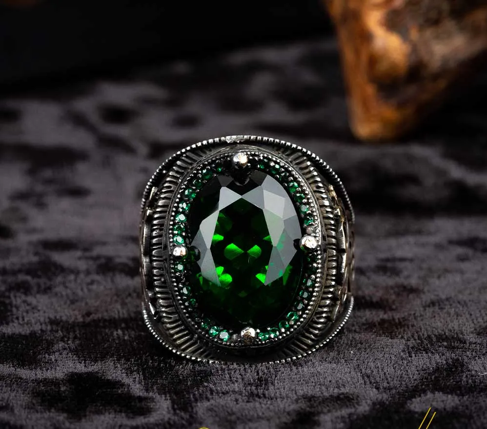 Green Zircon Men Ring With Micro Zircon Stones