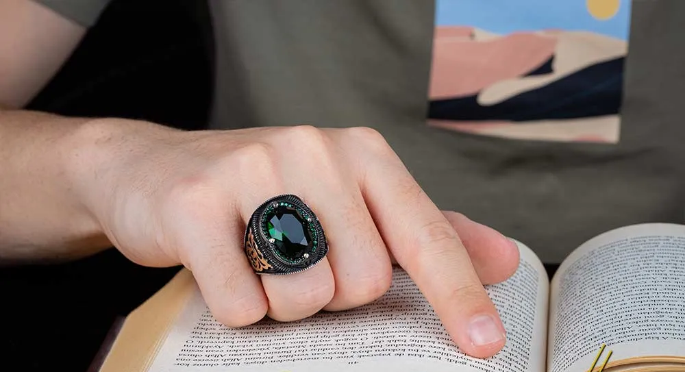 Green Zircon Men Ring With Micro Zircon Stones