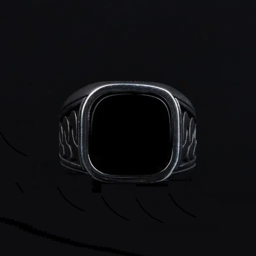 Square Black Onyx Chain Pattern Silver Ring