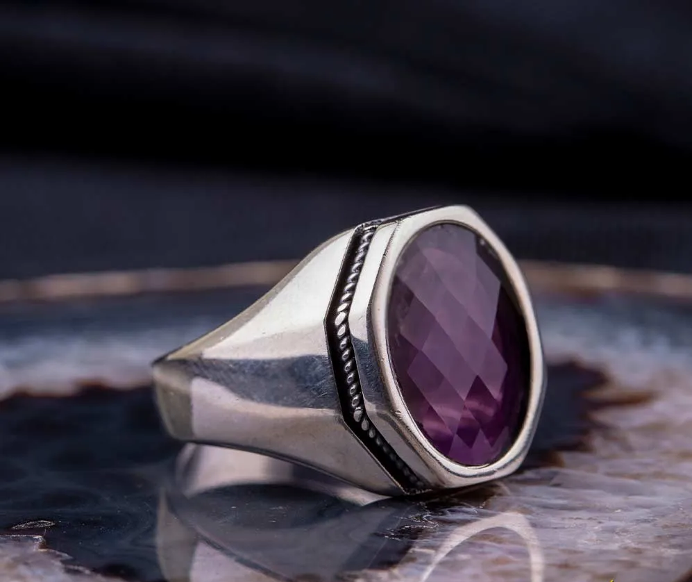Octagon Amethyst Zircon Silver Ring