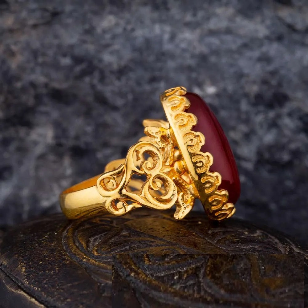 Red Yemeni Aqeeq D Shape Handcraft Women Ring