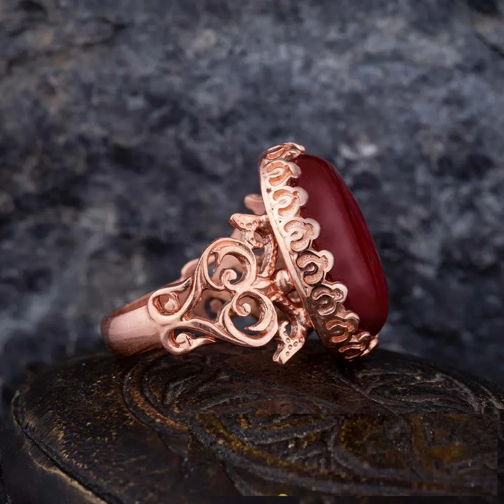 Red Yemeni Aqeeq D Shape Handcraft Women Ring