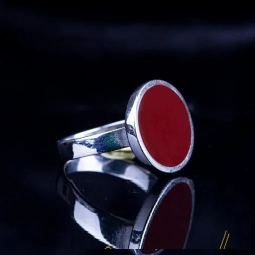 Red Aqeeq Silver Plain Band Women Ring