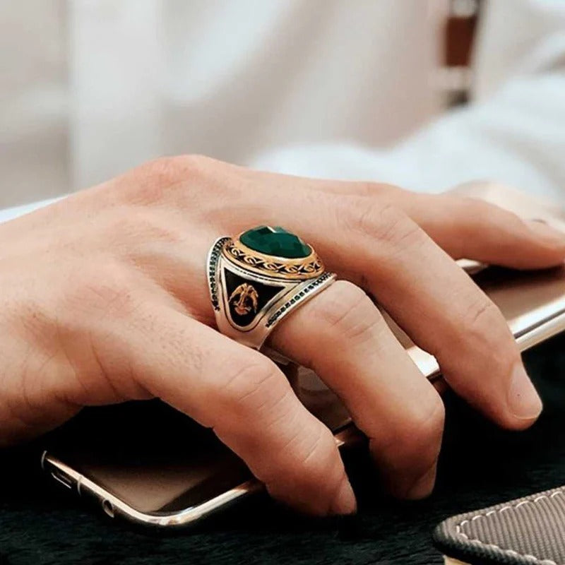 Eagle Style Great Emerald Stone 925 Sterling Silver Mens Ring