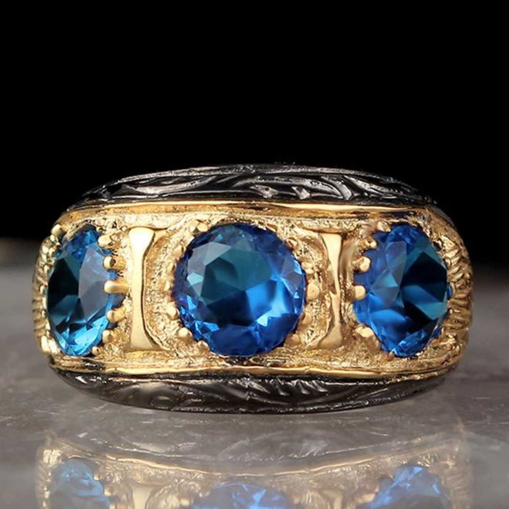 Elegant Three Aquamarine Stone 925 Sterling Silver Handmade Mens Ring