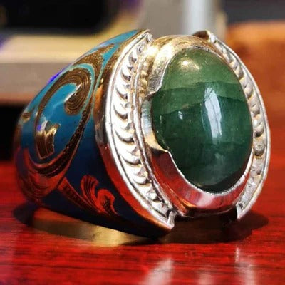 Engraving Relief Art 925 Sterling Silver Emerald Stone Mens Ring