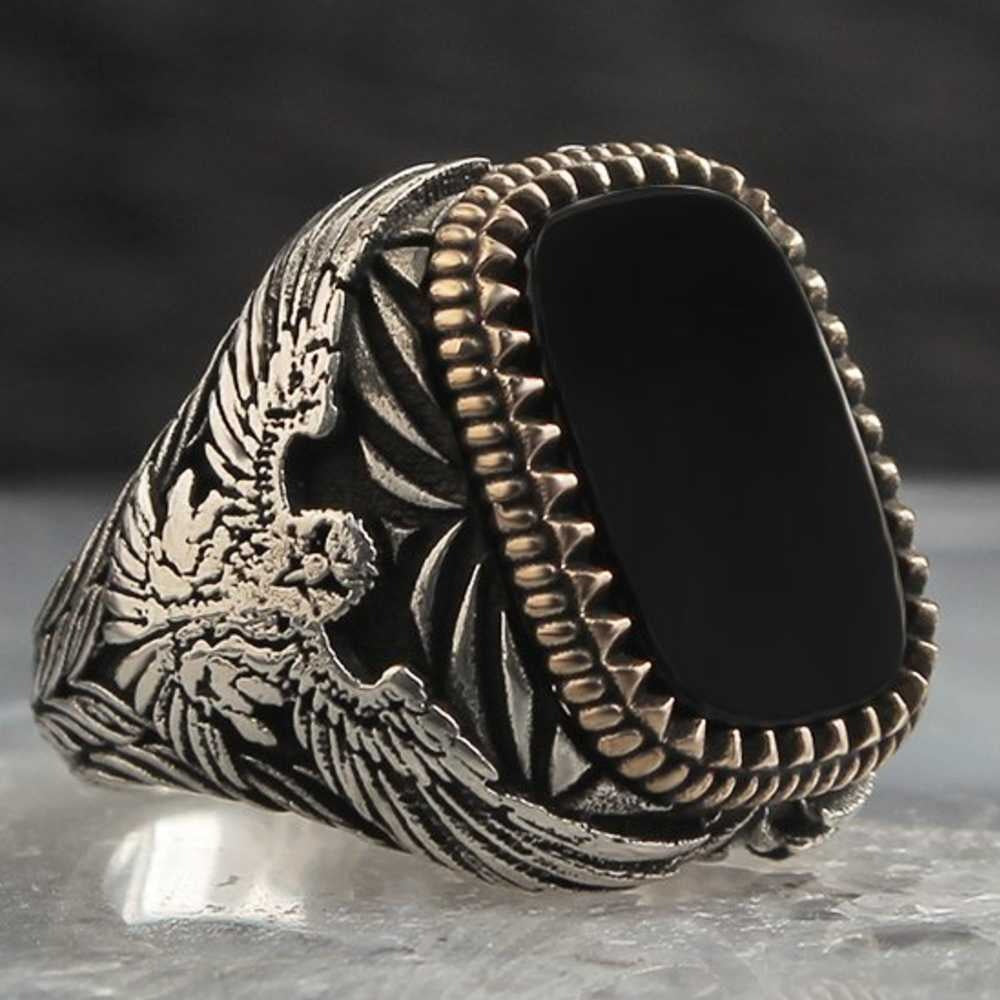 Exclusive 925 Sterling Silver Eagle Style Onyx Stone Mens Ring –