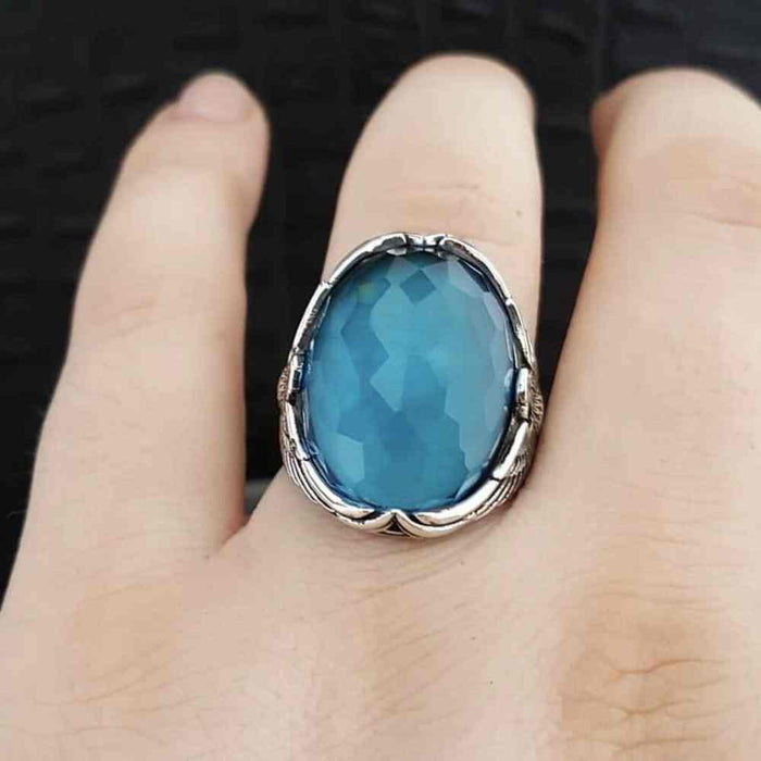 Faceted Aquamarine Luxury Cut Eagle Style 925 Sterling Silver Mens Ring