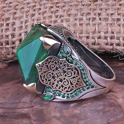 Green 925 Sterling Silver Amber Stone Ring for Men