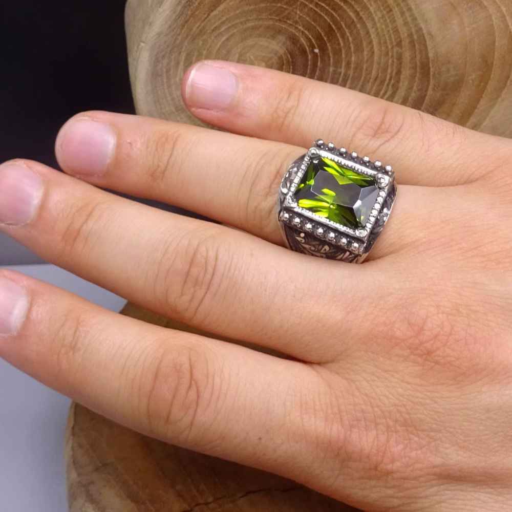 Hand Engraved Luxury 925 Sterling Silver Peridot Mens Ring