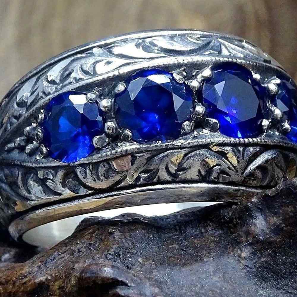 Hand Engraved Luxury Sapphire 925 Sterling Elegant Mens Ring