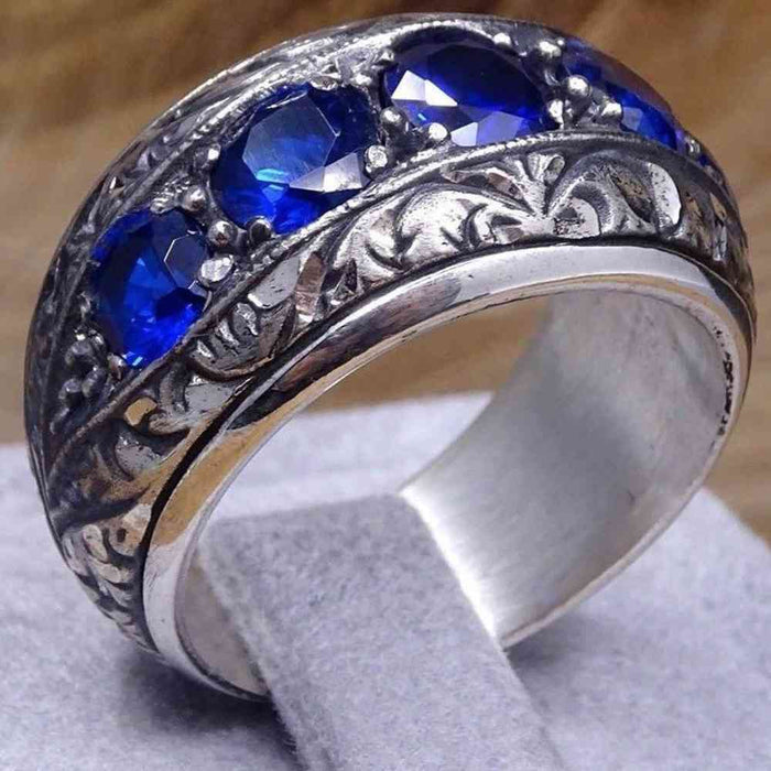 Hand Engraved Luxury Sapphire 925 Sterling Elegant Mens Ring