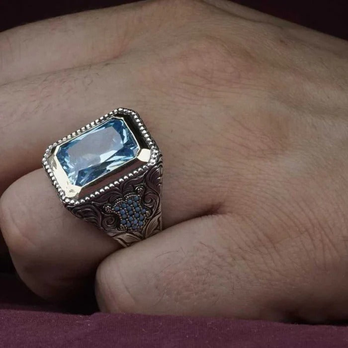 Hand Engraved Natural Aquamarine 925 Sterling Silver Mens Ring