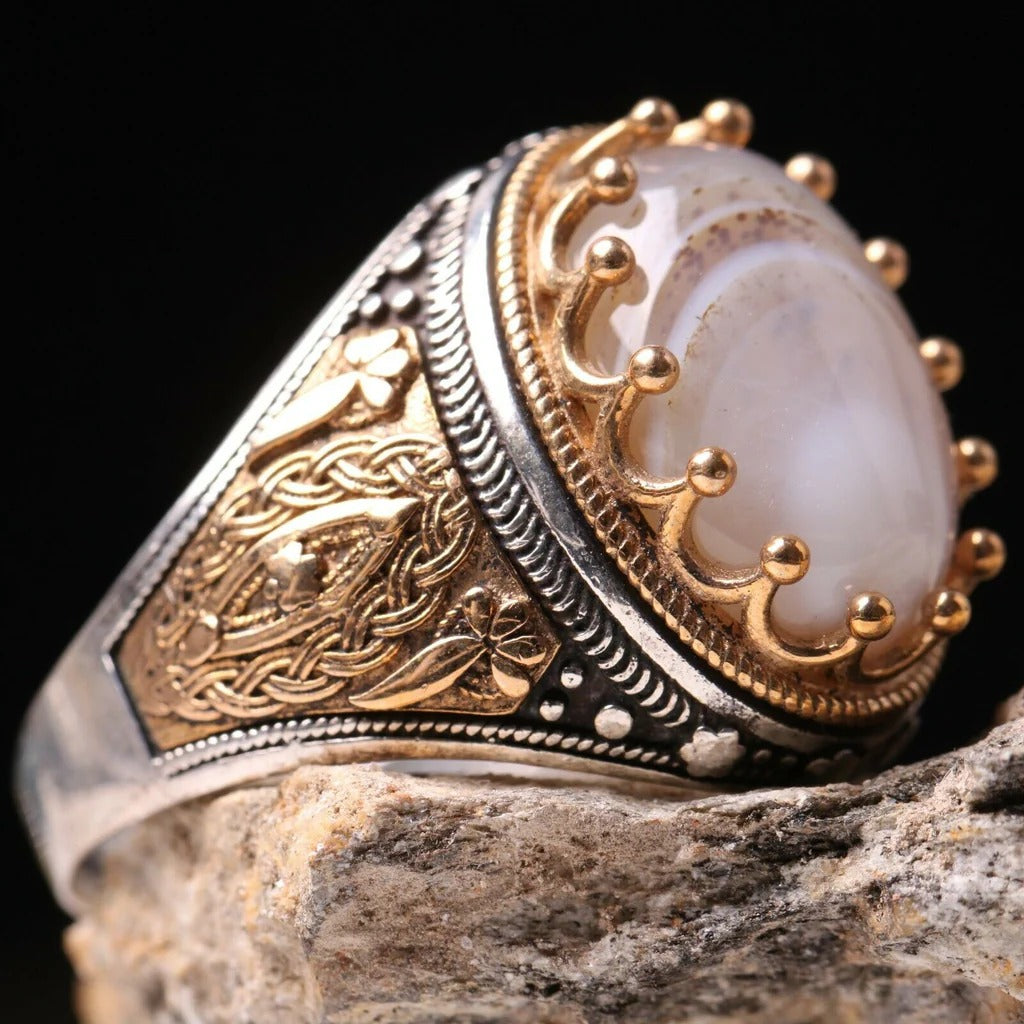 Handmade 925 Sterling Natural Yemeni Agate Aqeeq Mens Ring