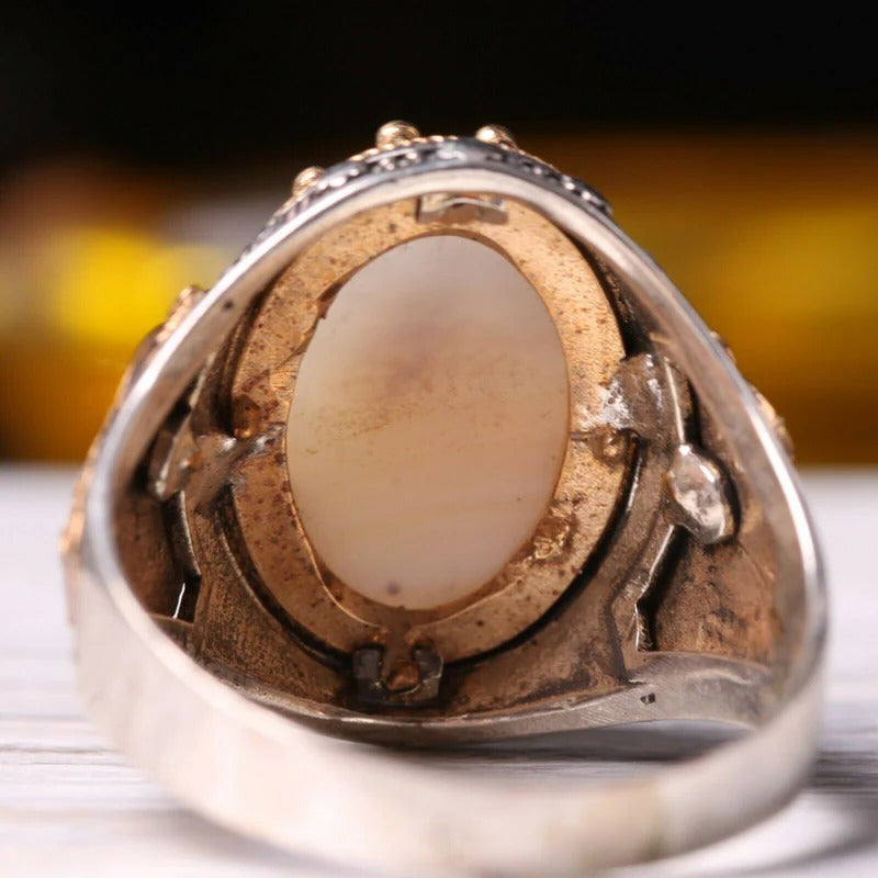 Handmade 925 Sterling Natural Yemeni Agate Aqeeq Mens Ring