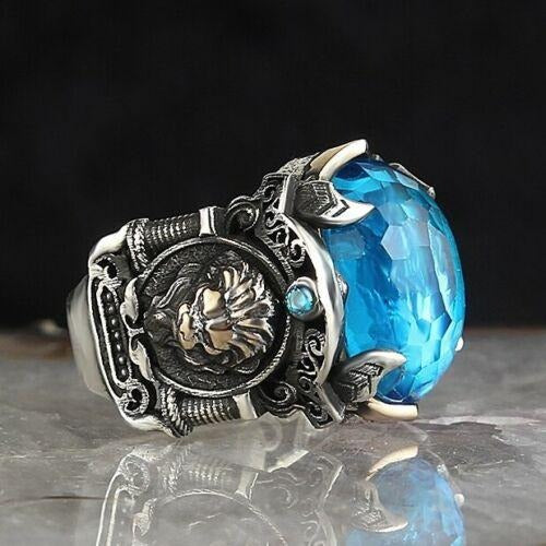 Handmade 925 Sterling Silver Lion Aquamarine Stone Mens Ring
