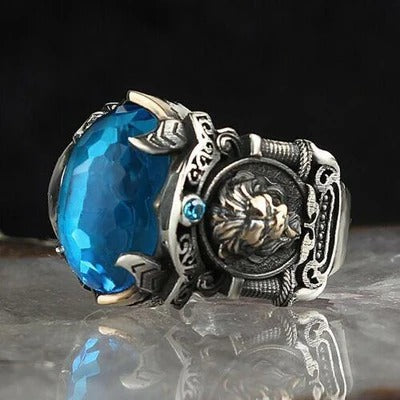 Handmade 925 Sterling Silver Lion Aquamarine Stone Mens Ring
