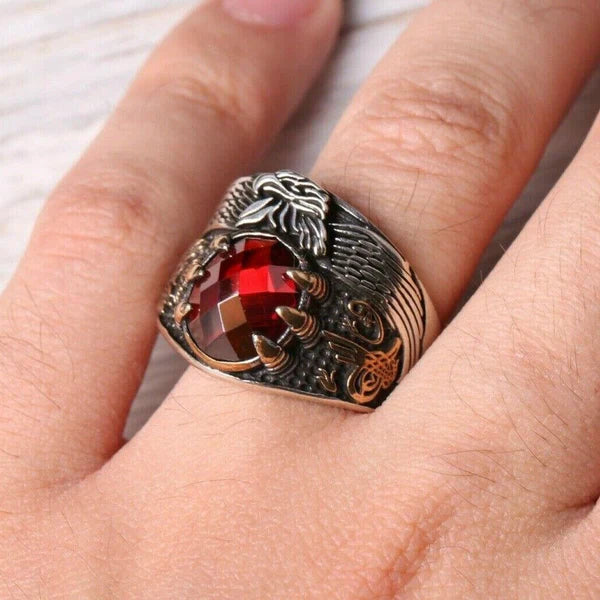 Handmade 925 Sterling Silver Ottaman Eagle Ruby Stone Mens Ring