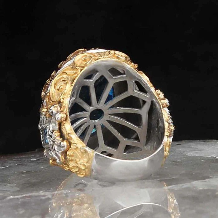 Handmade Engraved 925 Sterling Silver Aquamarine Stone Mens Ring