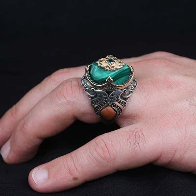 Hexagonal Green Amber Stone 925 Sterling Silver Mens Ring