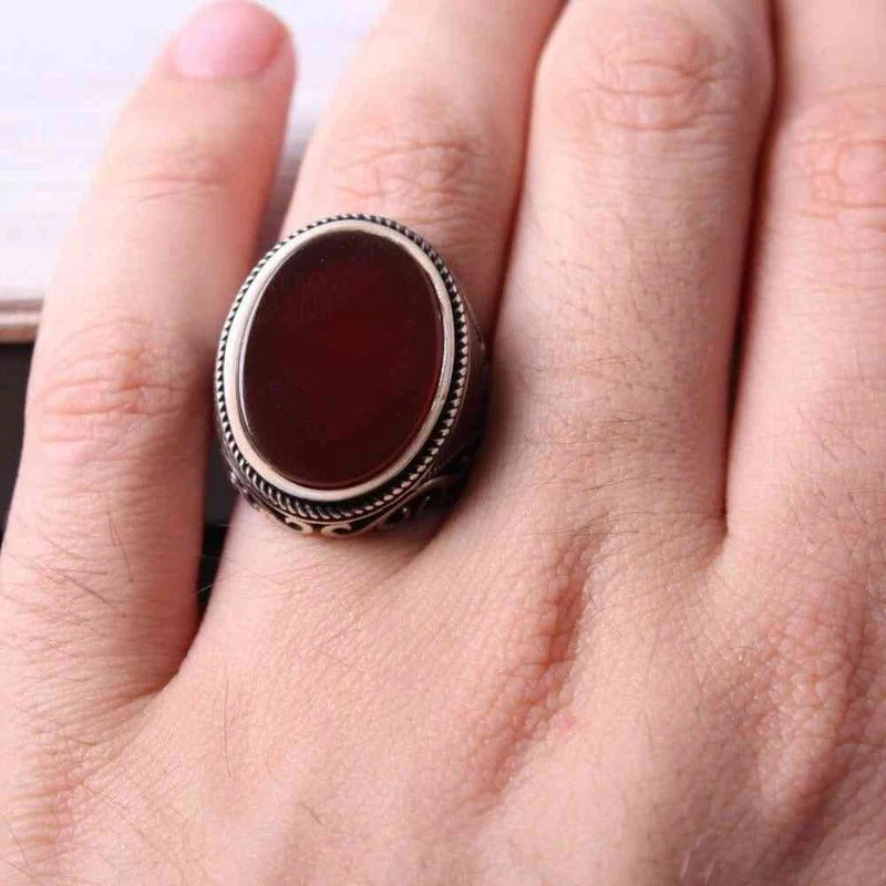 Jewelry 925 Sterling Silver Red Agate Aqeeq Mens Ring
