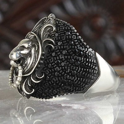 Multi Black Onyx Stone Lion Style 925 Sterling Silver Mens Ring