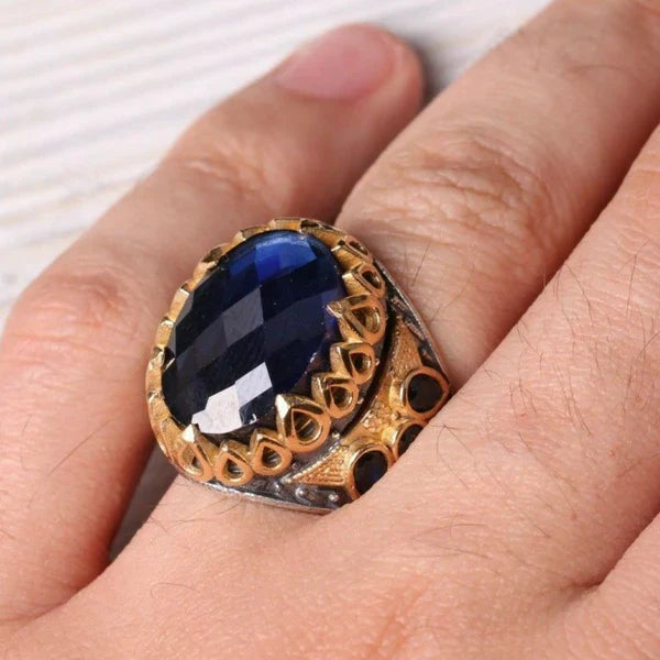 Oval Sapphire Turkish Jewelry Handmade 925 Sterling Silver Mens Ring