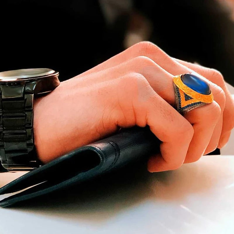 Rhodium Sapphire Stone Luxury 925 Sterling Silver Mens Ring