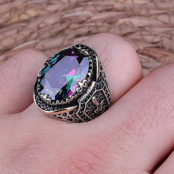 Sword Style Mystic Topaz Handmade 925 Sterling Silver Mens Ring