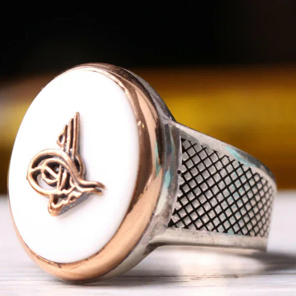 Turkish 925 Sterling Silver Ottaman Tughra Agate Stone Mens Ring