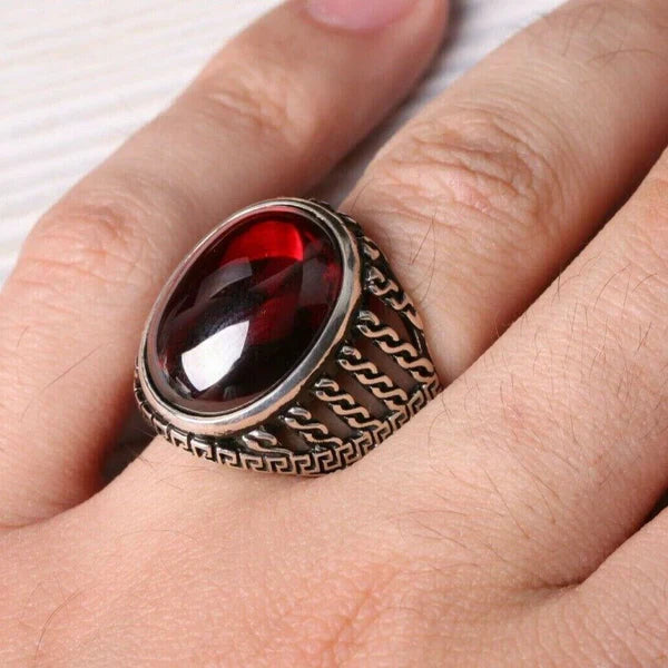 Turkish Handmade 925 Sterling Silver Oval Heavy Ruby Stone Mens Ring