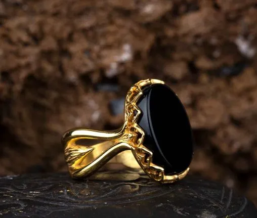 Black Aqeeq Hand Made Women Ring (Gold Plated)