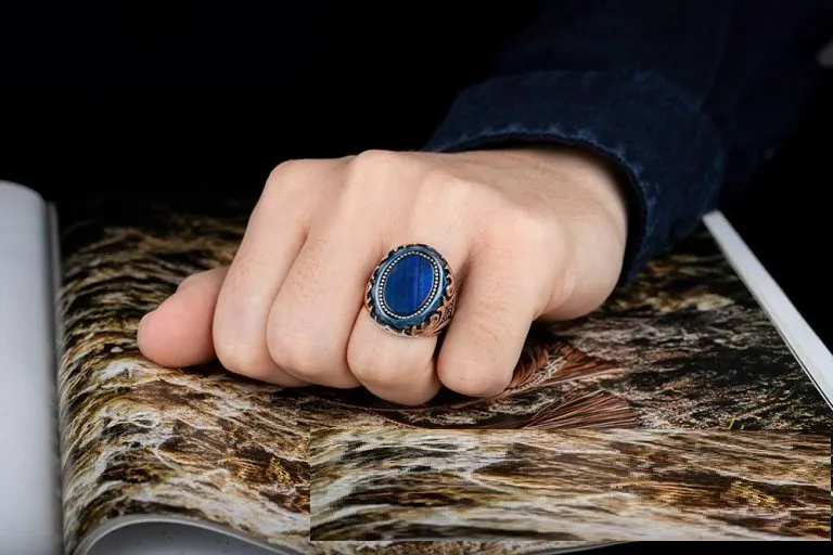 Oval Blue Tiger’s Eye Ornamented Silver Ring