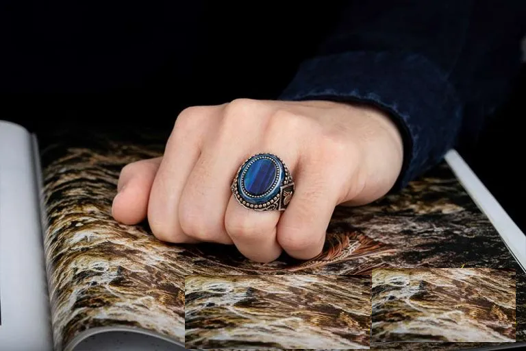 Oval Blue Tiger’s Eye Silver Ring With Tughra