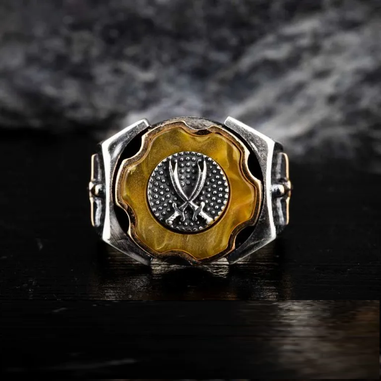 Tiger’s Eye Crossed Swords Design Spinner Ring With Sword Figure