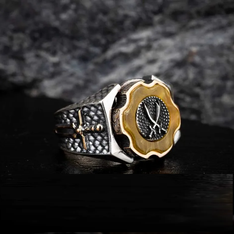 Tiger’s Eye Crossed Swords Design Spinner Ring With Sword Figure