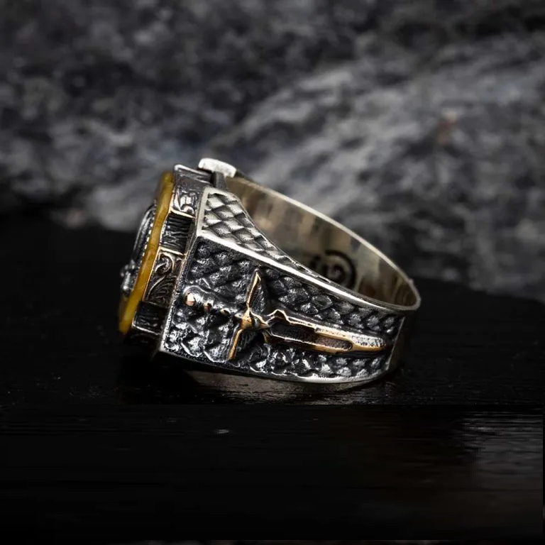 Tiger’s Eye Crossed Swords Design Spinner Ring With Sword Figure