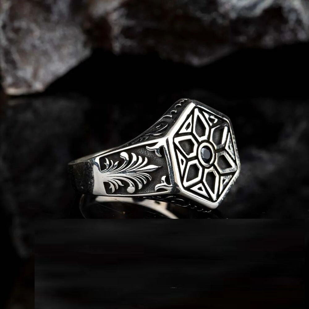 Single Black Zircon Hexagon Silver Ring